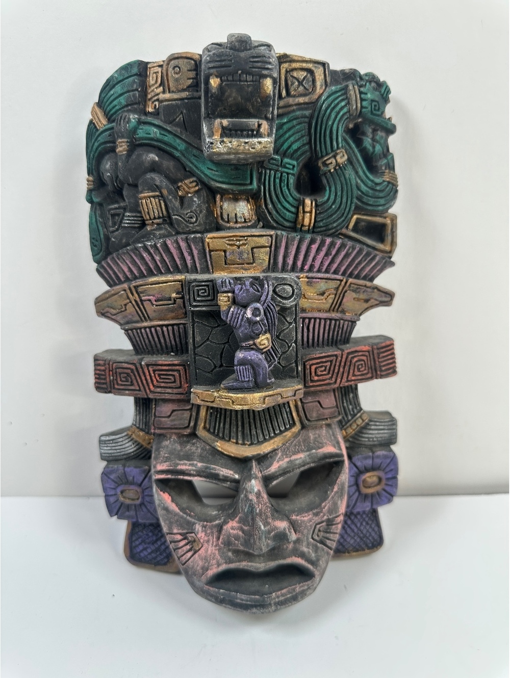 Aztec Mayan Ceramic Mask Tribal Folk Art Colorful Wall Decor 9” x 6” x 2”